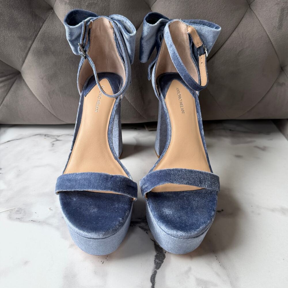 Antonio Melani Janie Blue Velvet Bow Back Platform Heels Size 9 - Picture 3 of 10
